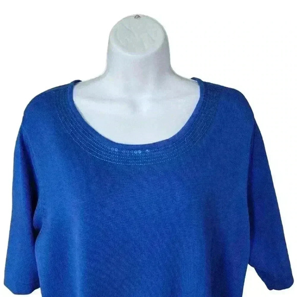 Quacker Factory Blue Knit Sweater Top w/Sequin Neckline, Short Sleeve Size XL - Picture 2 of 7